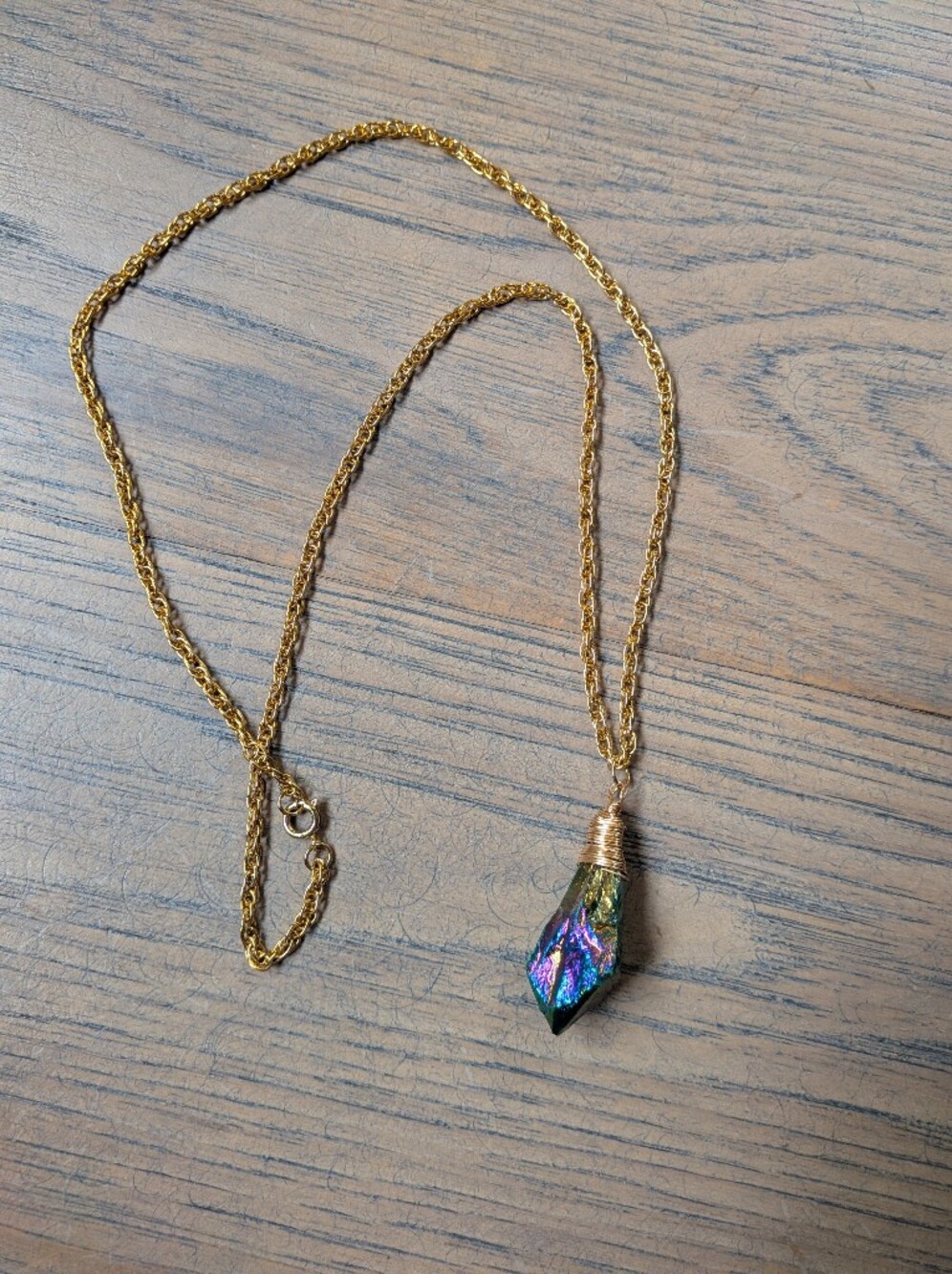 Gold Chain Necklace with Iridescent Crystal Stone Pendant